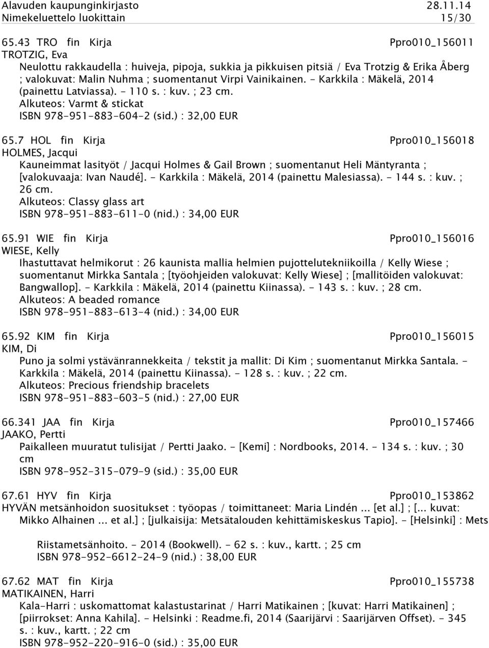 - Karkkila : Mäkelä, 2014 (painettu Latviassa). - 110 s. : kuv. ; 23 cm. Alkuteos: Varmt & stickat ISBN 978-951-883-604-2 (sid.) : 32,00 EUR 65.