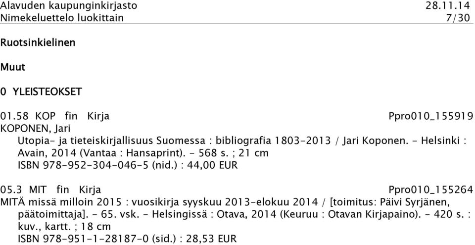 - Helsinki : Avain, 2014 (Vantaa : Hansaprint). - 568 s. ; 21 cm ISBN 978-952-304-046-5 (nid.) : 44,00 EUR 05.