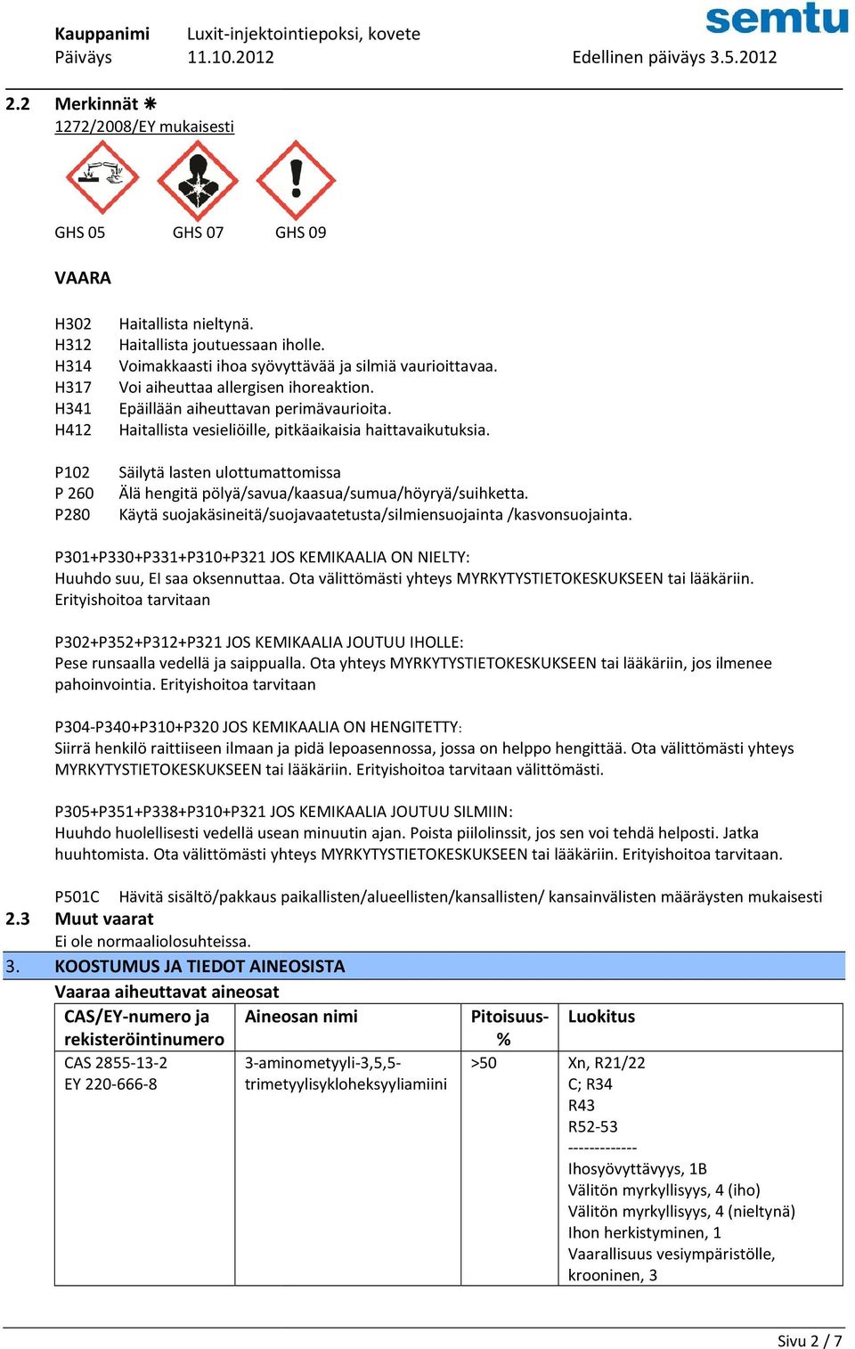 H412 Haitallista vesieliöille, pitkäaikaisia haittavaikutuksia. P102 Säilytä lasten ulottumattomissa P 260 Älä hengitä pölyä/savua/kaasua/sumua/höyryä/suihketta.