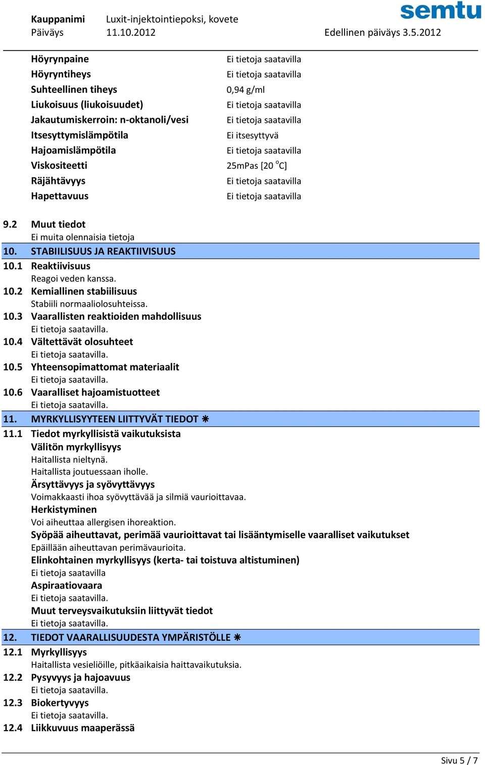 10.3 Vaarallisten reaktioiden mahdollisuus. 10.4 Vältettävät olosuhteet. 10.5 Yhteensopimattomat materiaalit. 10.6 Vaaralliset hajoamistuotteet. 11. MYRKYLLISYYTEEN LIITTYVÄT TIEDOT 11.