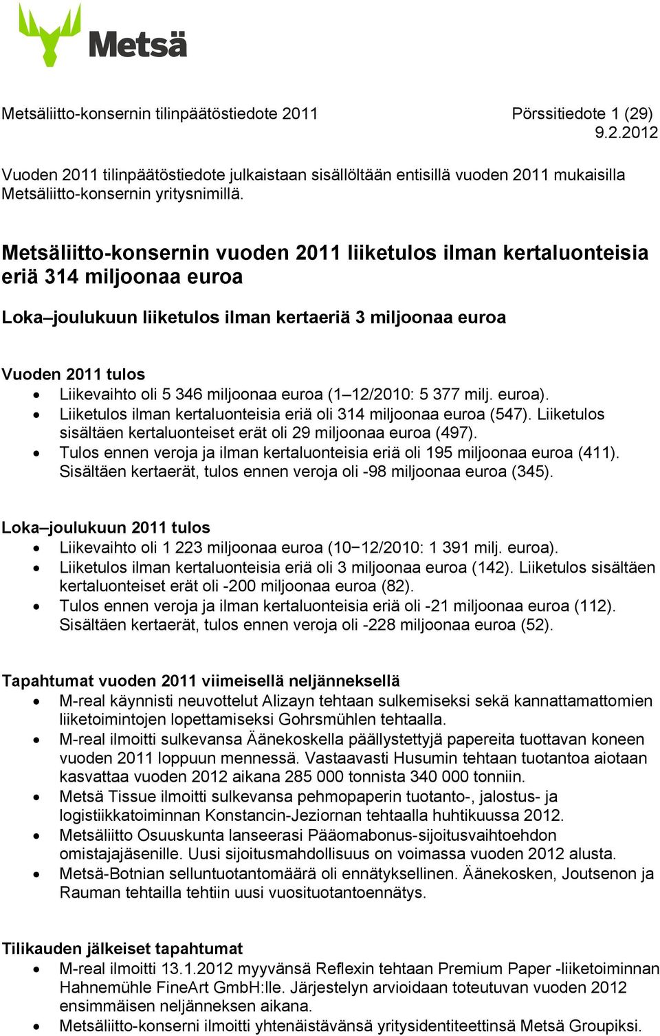 (1 12/: 5 377 milj. euroa). Liiketulos ilman kertaluonteisia eriä oli 314 miljoonaa euroa (547). Liiketulos sisältäen kertaluonteiset erät oli 29 miljoonaa euroa (497).