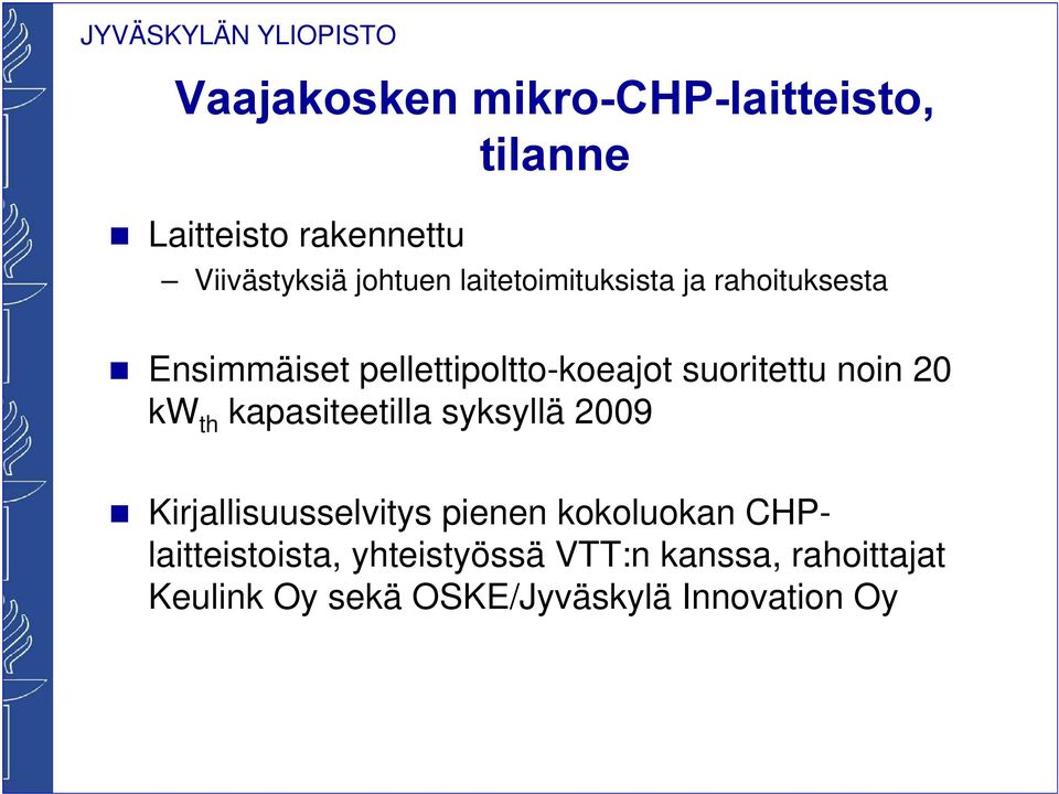 20 kw th kapasiteetilla syksyllä 2009 Kirjallisuusselvitys pienen kokoluokan