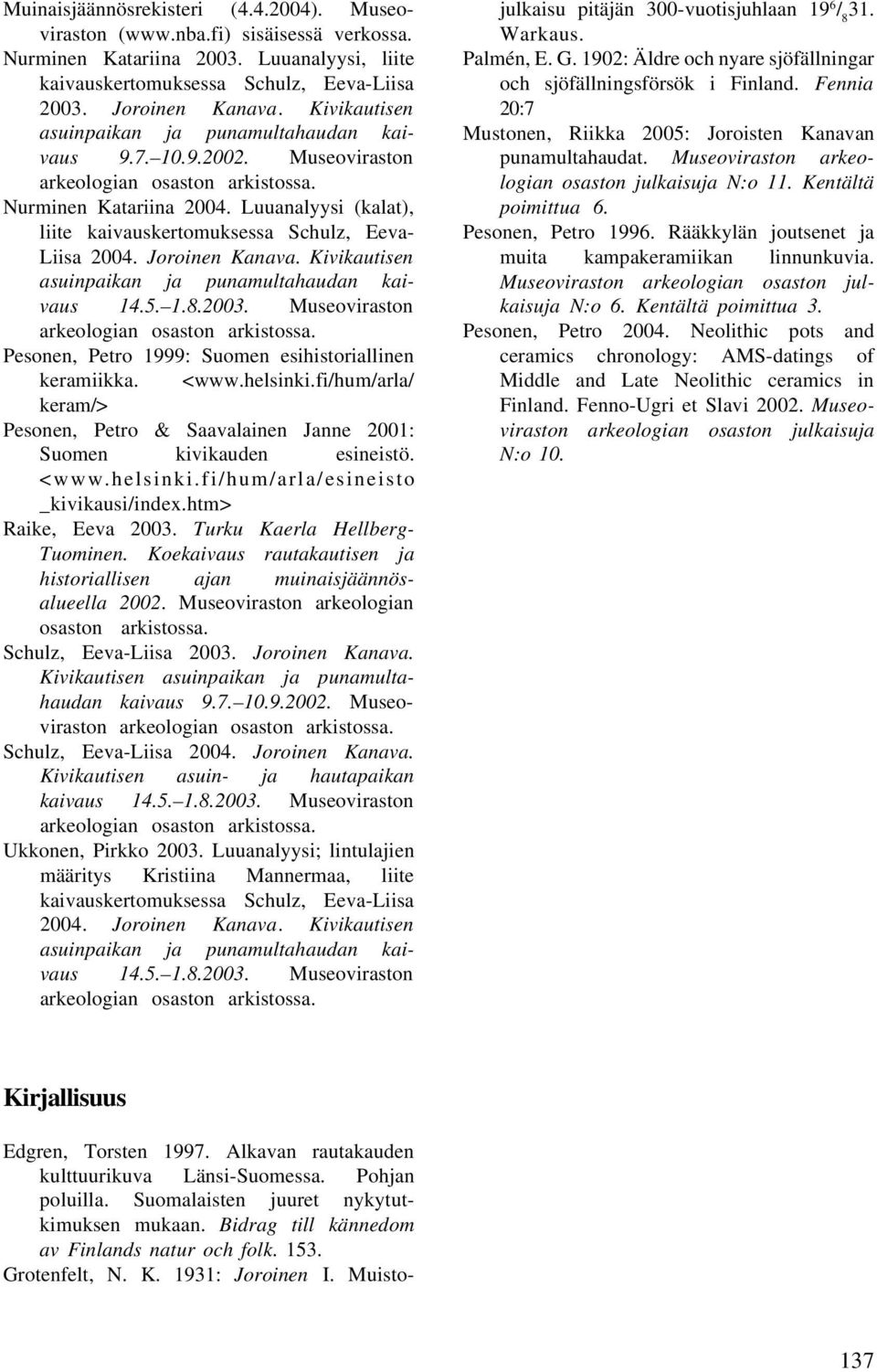 Kivikautisen asuinpaikan ja punamultahaudan kaivaus 14.5. 1.8.2003. Museoviraston Pesonen, Petro 1999: Suomen esihistoriallinen keramiikka. <www.helsinki.