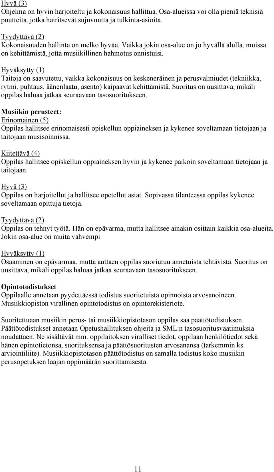 Hyväksytty (1) Taitoja on saavutettu, vaikka kokonaisuus on keskeneräinen ja perusvalmiudet (tekniikka, rytmi, puhtaus, äänenlaatu, asento) kaipaavat kehittämistä.