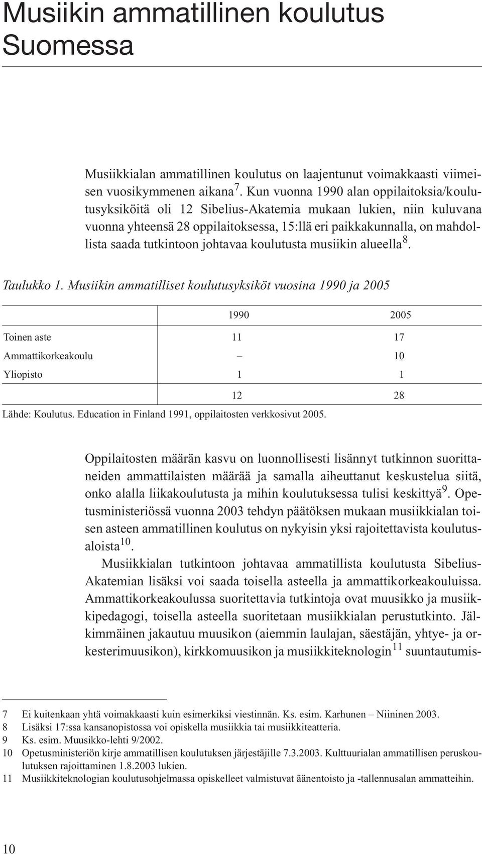 tutkintoon johtavaa koulutusta musiikin alueella 8. Taulukko 1.