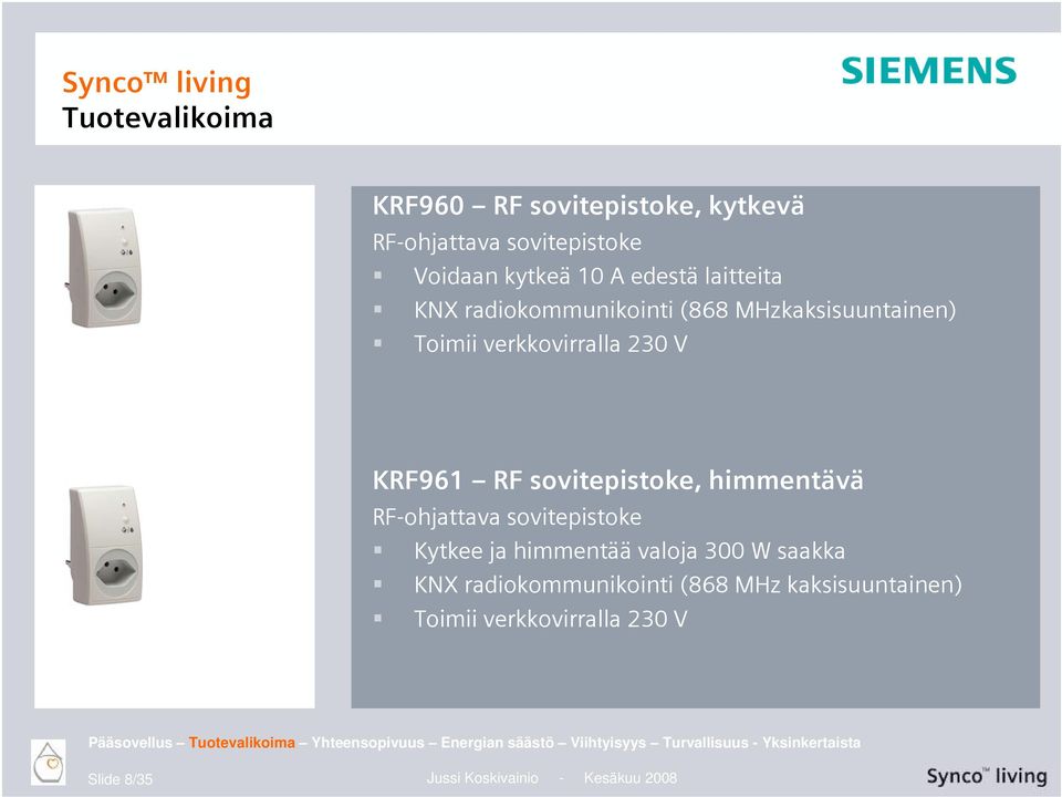 sovitepistoke Kytkee ja himmentää valoja 300 W saakka KNX radiokommunikointi (868 MHz kaksisuuntainen) Toimii verkkovirralla