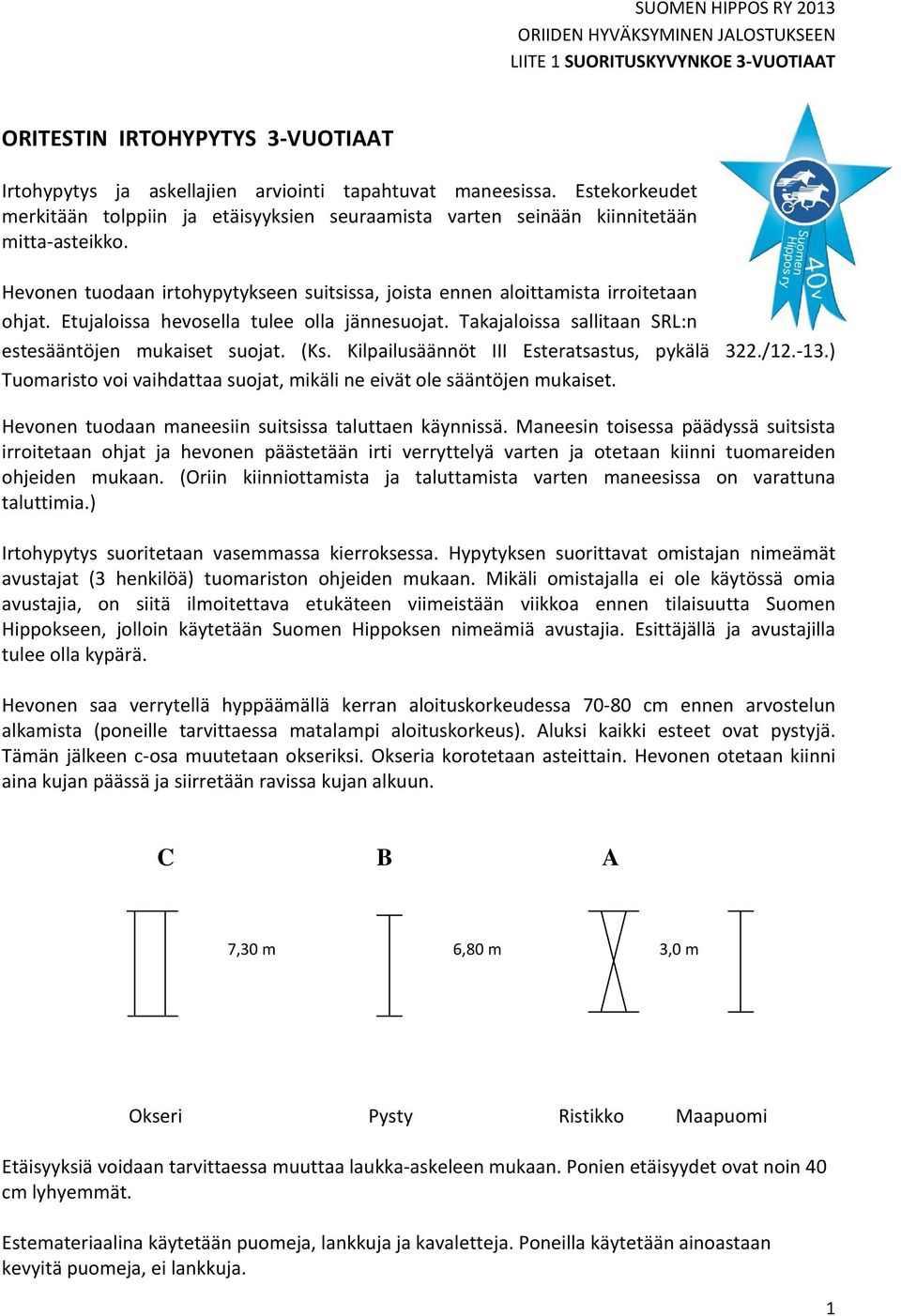 Etujaloissa hevosella tulee olla jännesuojat. Takajaloissa sallitaan SRL:n estesääntöjen mukaiset suojat. (Ks. Kilpailusäännöt III Esteratsastus, pykälä 322./12. 13.