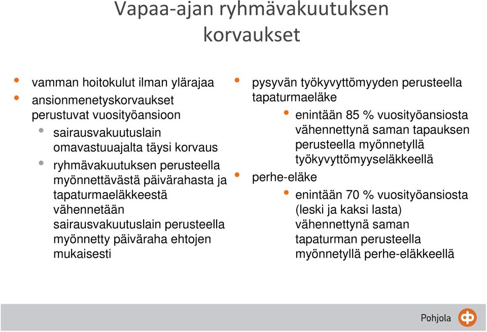 ehtojen mukaisesti pysyvän työkyvyttömyyden perusteella tapaturmaeläke enintään 85 % vuosityöansiosta vähennettynä saman tapauksen perusteella myönnetyllä