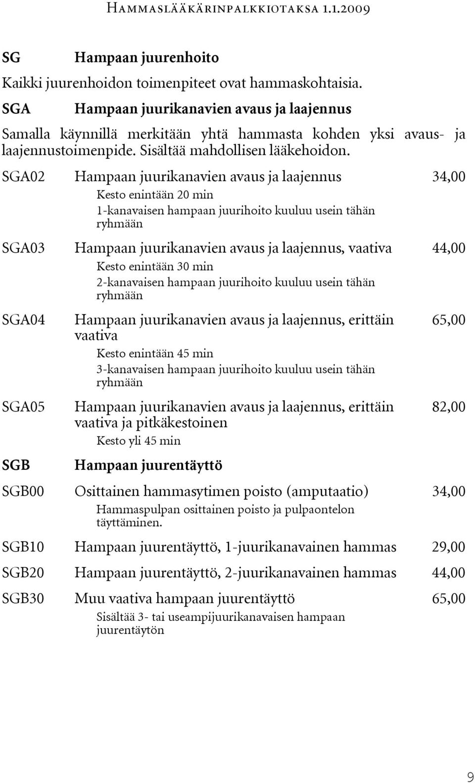 SGA02 SGA03 SGA04 SGA05 SGB SGB00 Hampaan juurikanavien avaus ja laajennus Kesto enintään 20 min 1-kanavaisen hampaan juurihoito kuuluu usein tähän ryhmään Hampaan juurikanavien avaus ja laajennus,