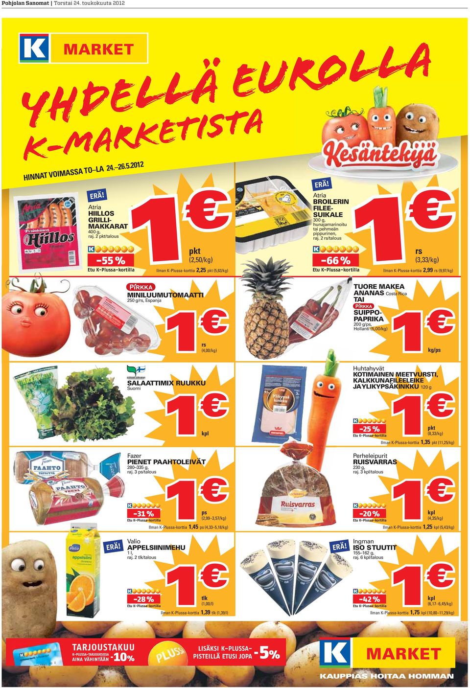 2 rs/talous -66 % Etu K-Plussa-kortilla rs (3,33/kg) Ilman K-Plussa-korttia 2,99 rs (9,97/kg) MINILUUMUTOMAATTI 1 250 g/rs, Espanja rs (4,00/kg) TUORE MAKEA ANANAS Costa Rica TAI SUIPPO- PAPRIKA 200