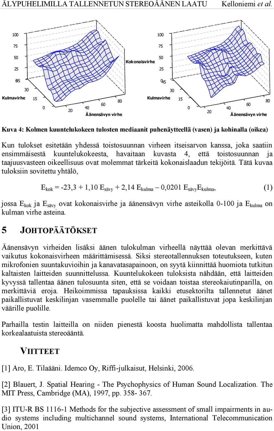 virheen itseisarvon kanssa, joka saatiin ensimmäisestä kuuntelukokeesta, havaitaan kuvasta 4, että toistosuunnan ja taajuusvasteen oikeellisuus ovat molemmat tärkeitä kokonaislaadun tekijöitä.