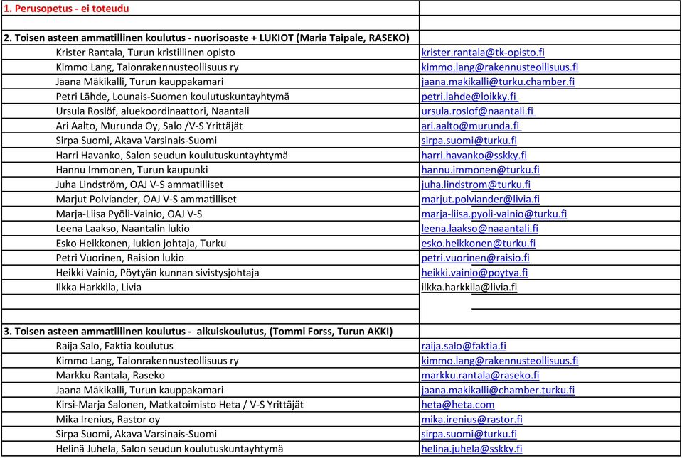 kauppakamari Petri Lähde, Lounais-Suomen koulutuskuntayhtymä Ursula Roslöf, aluekoordinaattori, Naantali Ari Aalto, Murunda Oy, Salo /V-S Yrittäjät Sirpa Suomi, Akava Varsinais-Suomi Harri Havanko,