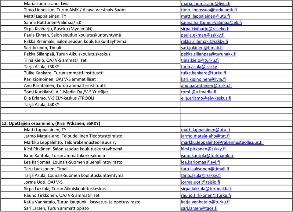 Kankare, Turun ammatti-instituutti Kari Kipinoinen, OAJ V-S ammatilliset Anu Parntainen, Turun ammatti-instituutti Tomi Kurkilahti, A 1 Media Oy /V-S Yrittäjät Eija Erlamo, V-S ELY-keskus /TROOLI