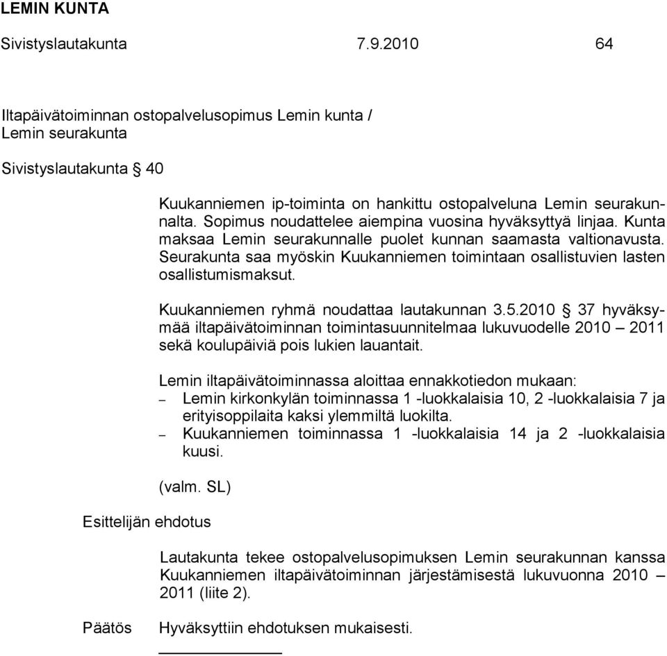 Seurakunta saa myöskin Kuukanniemen toimintaan osallistuvien lasten osallistumismaksut. Kuukanniemen ryhmä noudattaa lautakunnan 3.5.