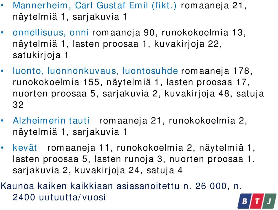 luonto, luonnonkuvaus, luontosuhde romaaneja 178, runokokoelmia 155, näytelmiä 1, lasten proosaa 17, nuorten proosaa 5, sarjakuvia 2, kuvakirjoja 48, satuja 32