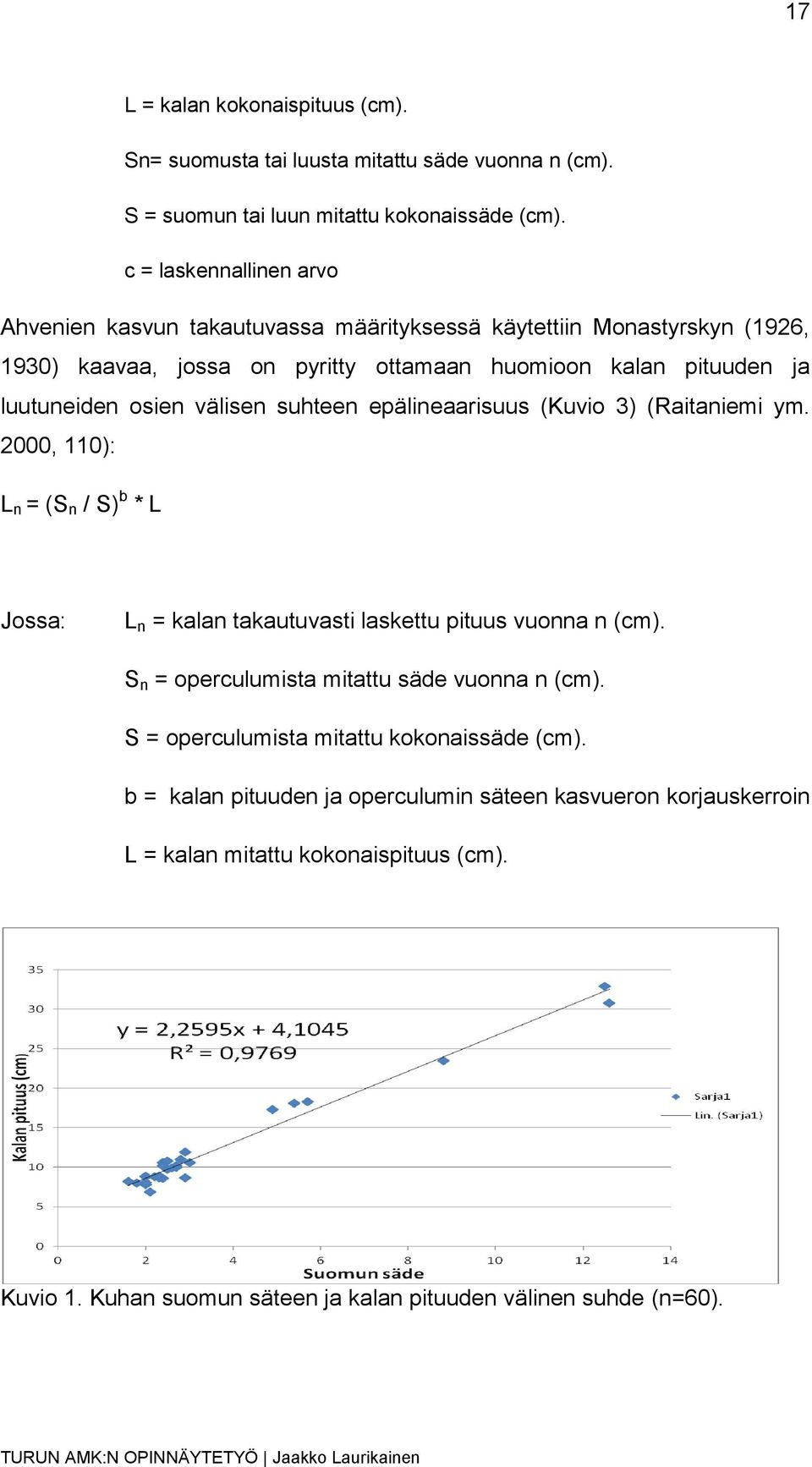 välisen suhteen epälineaarisuus (Kuvio 3) (Raitaniemi ym. 2000, 110): L n = (S n / S) b * L Jossa: L n = kalan takautuvasti laskettu pituus vuonna n (cm).