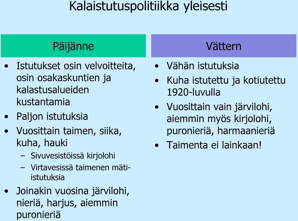 mätiistutuksia Joinakin vuosina järvilohi, nieriä, harjus, aiemmin puronieriä Vähän istutuksia Kuha istutettu ja