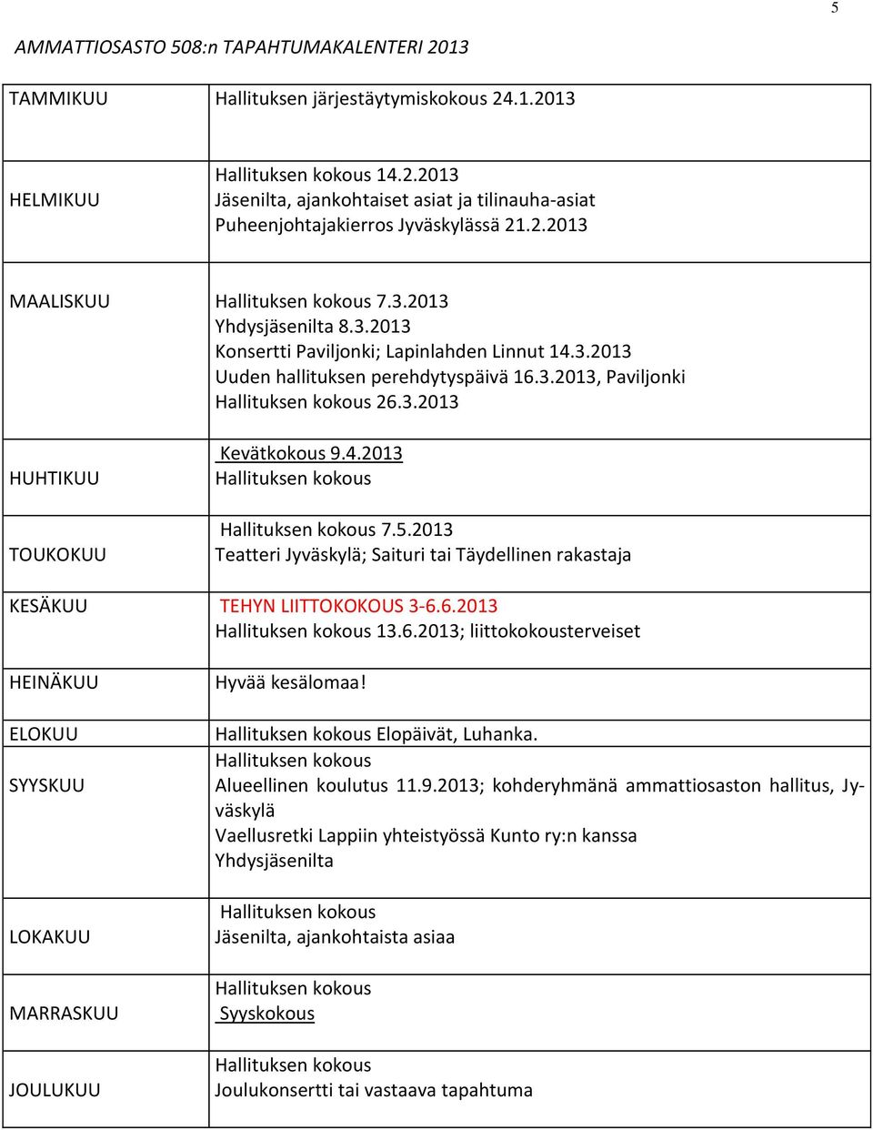 4.2013 7.5.2013 Teatteri Jyväskylä; Saituri tai Täydellinen rakastaja KESÄKUU TEHYN LIITTOKOKOUS 3-6.6.2013 13.6.2013; liittokokousterveiset HEINÄKUU ELOKUU SYYSKUU LOKAKUU MARRASKUU JOULUKUU Hyvää kesälomaa!