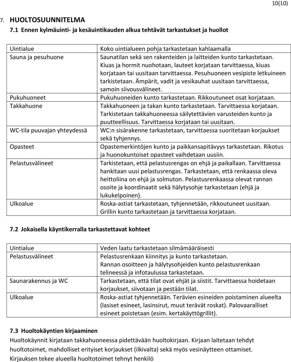 uintialueen pohja tarkastetaan kahlaamalla Saunatilan sekä sen rakenteiden ja laitteiden kunto tarkastetaan.