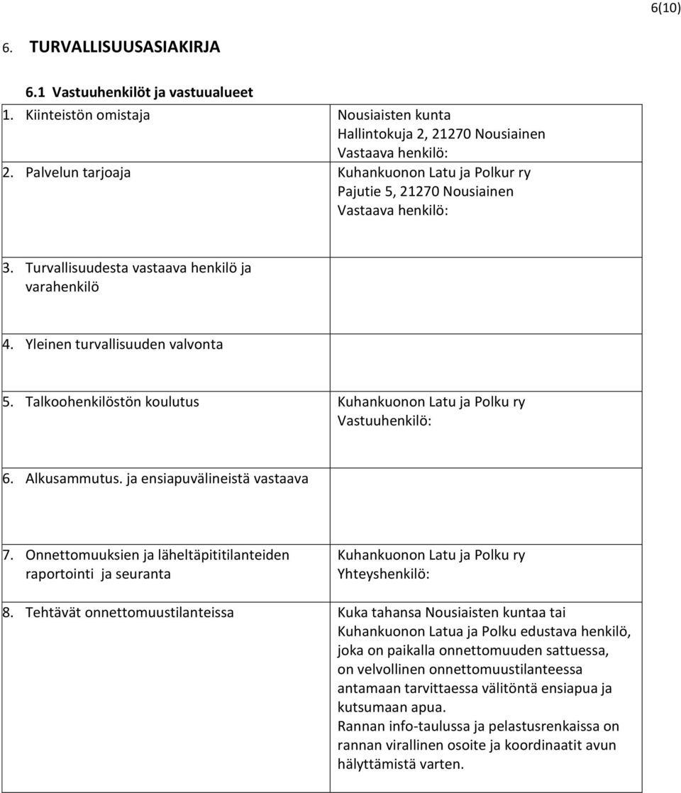 Talkoohenkilöstön koulutus Kuhankuonon Latu ja Polku ry Vastuuhenkilö: 6. Alkusammutus. ja ensiapuvälineistä vastaava 7.