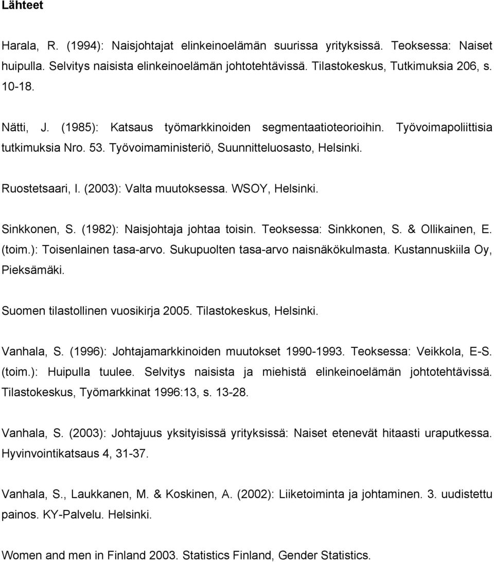 WSOY, Helsinki. Sinkkonen, S. (1982): Naisjohtaja johtaa toisin. Teoksessa: Sinkkonen, S. & Ollikainen, E. (toim.): Toisenlainen tasa-arvo. Sukupuolten tasa-arvo naisnäkökulmasta.