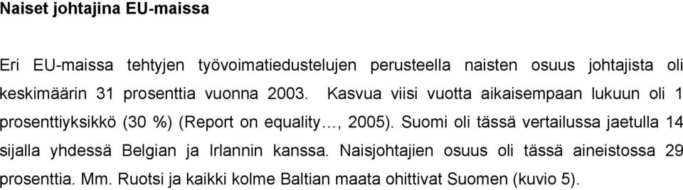 Kasvua viisi vuotta aikaisempaan lukuun oli 1 prosenttiyksikkö (30 %) (Report on equality, 2005).