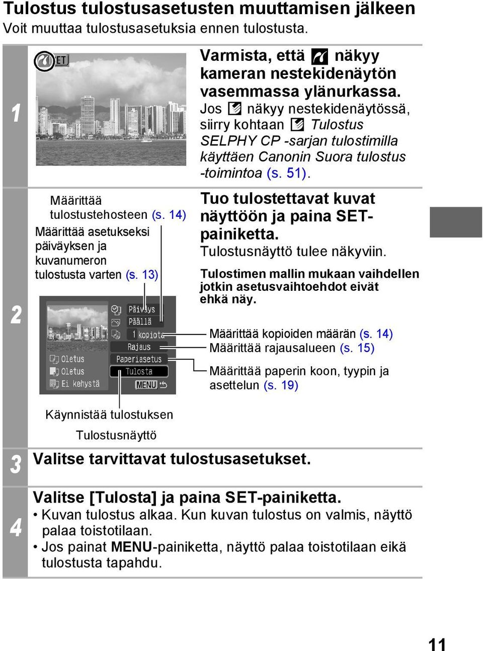 Jos näkyy nestekidenäytössä, siirry kohtaan Tulostus SELPHY CP -sarjan tulostimilla käyttäen Canonin Suora tulostus -toimintoa (s. 51). Tuo tulostettavat kuvat näyttöön ja paina SETpainiketta.