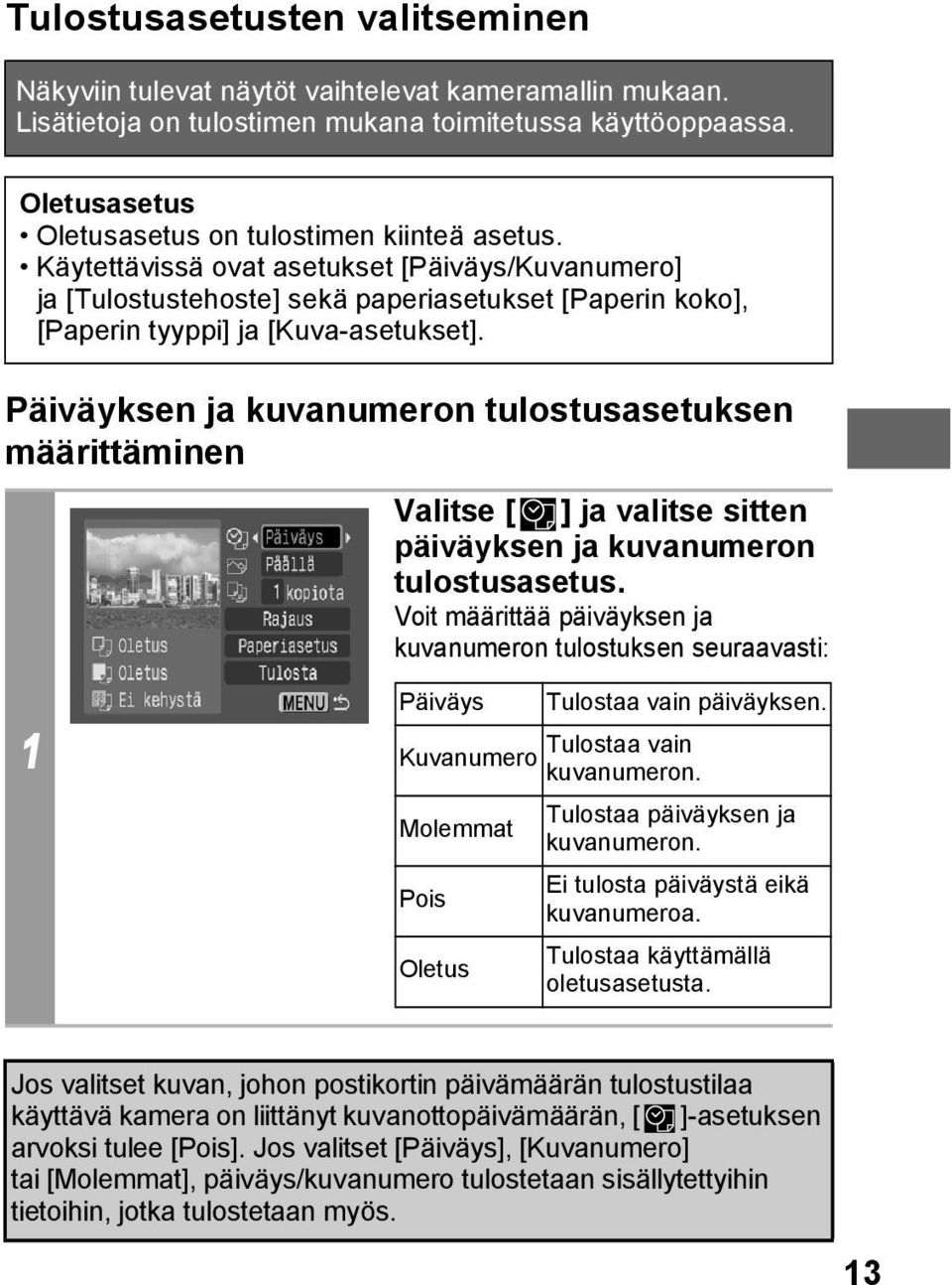 Käytettävissä ovat asetukset [Päiväys/Kuvanumero] ja [Tulostustehoste] sekä paperiasetukset [Paperin koko], [Paperin tyyppi] ja [Kuva-asetukset].