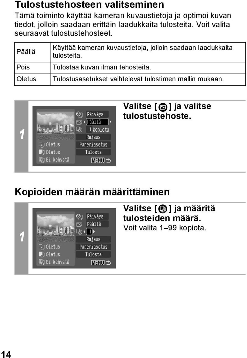 Päällä Pois Oletus Käyttää kameran kuvaustietoja, jolloin saadaan laadukkaita tulosteita. Tulostaa kuvan ilman tehosteita.