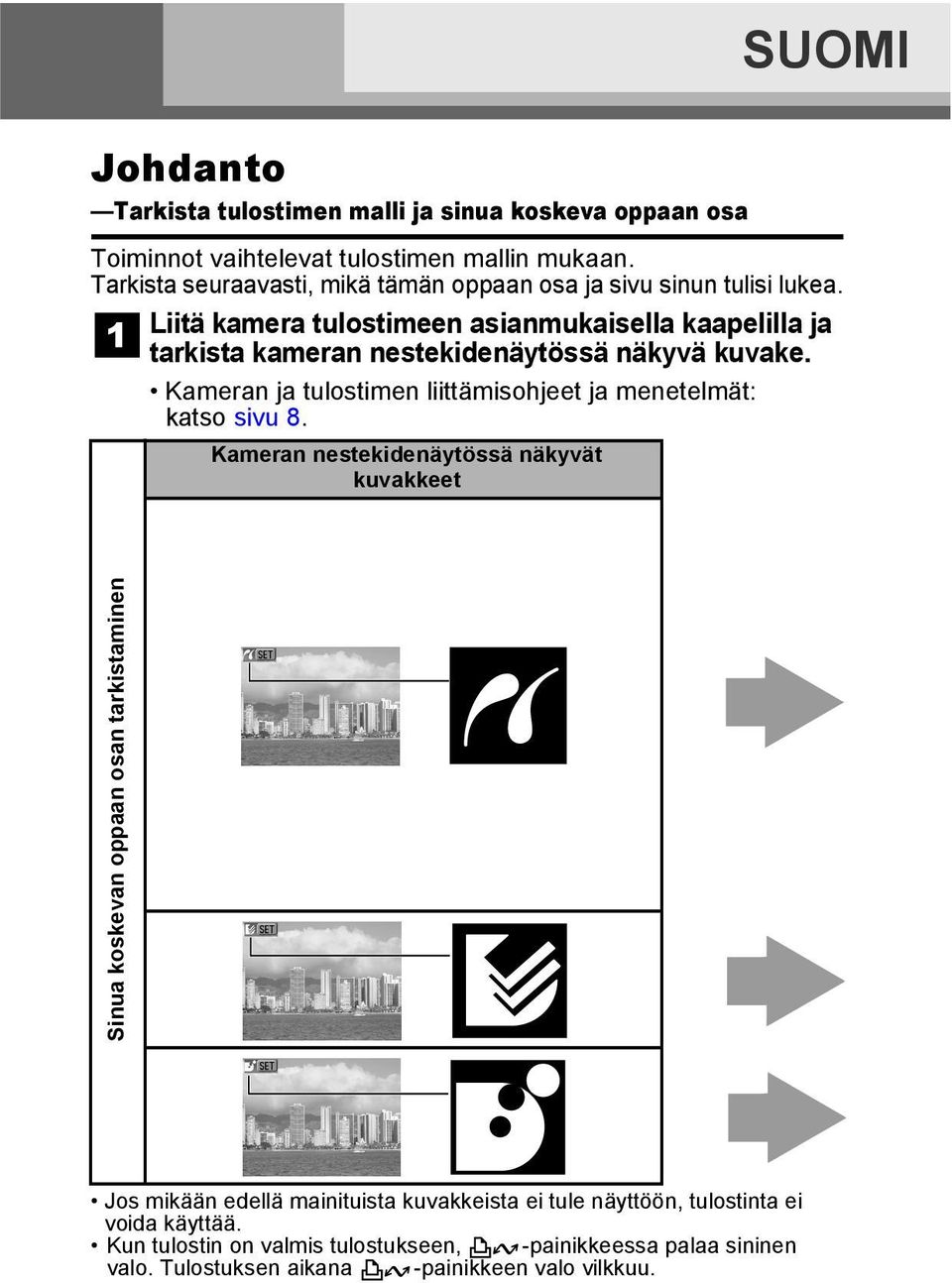 Liitä kamera tulostimeen asianmukaisella kaapelilla ja tarkista kameran nestekidenäytössä näkyvä kuvake.