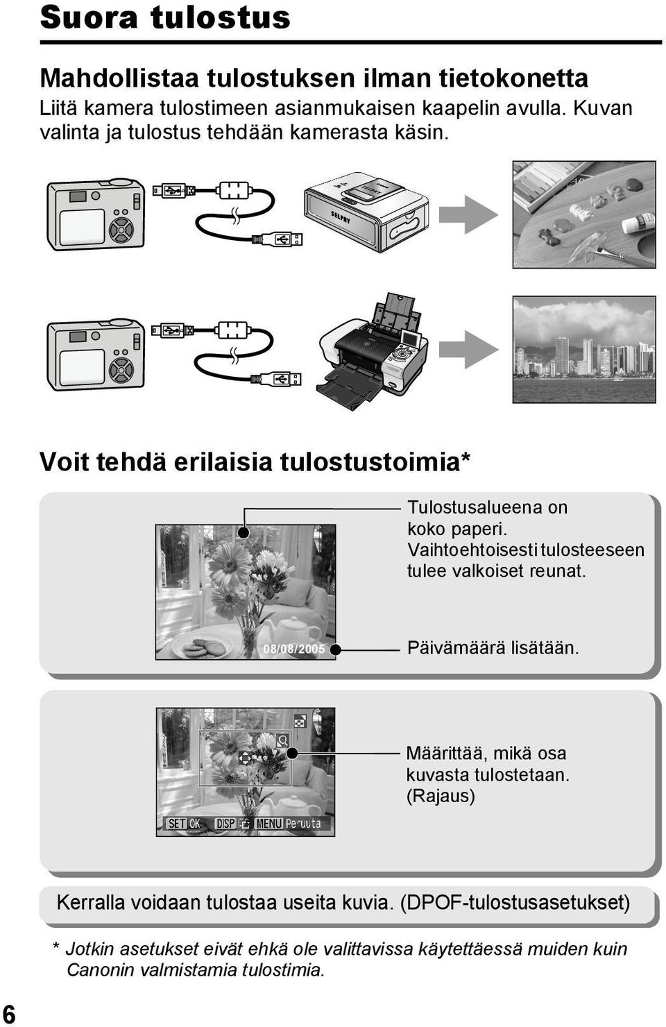 Vaihtoehtoisesti tulosteeseen tulee valkoiset reunat. 08/08/2005 Päivämäärä lisätään. Määrittää, mikä osa kuvasta tulostetaan.