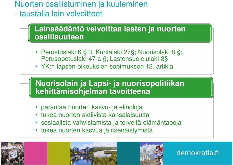 12. artikla Nuorisolain ja Lapsi- ja nuorisopolitiikan kehittämisohjelman tavoitteena parantaa nuorten kasvu- ja elinoloja