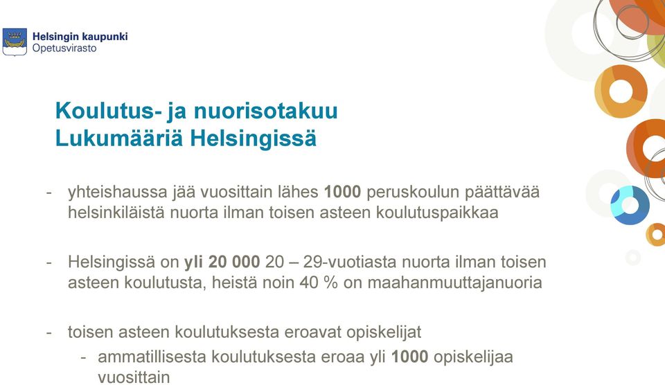 29-vuotiasta nuorta ilman toisen asteen koulutusta, heistä noin 40 % on maahanmuuttajanuoria - toisen