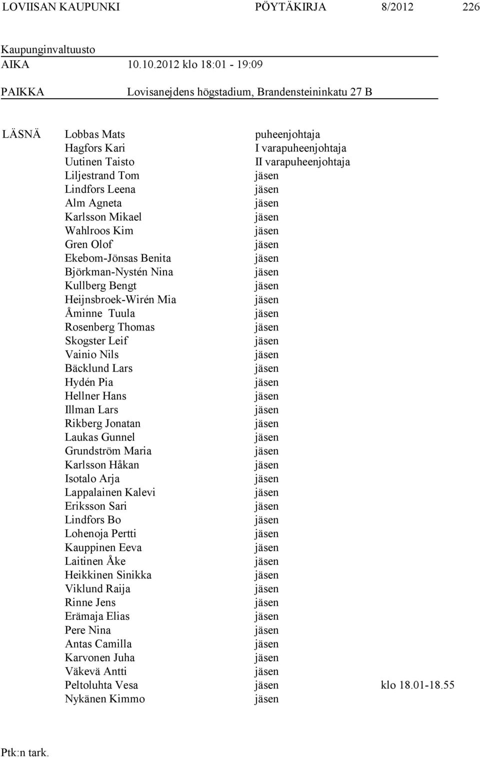 Lindfors Leena Alm Agneta Karlsson Mikael Wahlroos Kim Gren Olof Ekebom-Jönsas Benita Björkman-Nystén Nina Kullberg Bengt Heijnsbroek-Wirén Mia Åminne Tuula Rosenberg Thomas Skogster Leif Vainio Nils