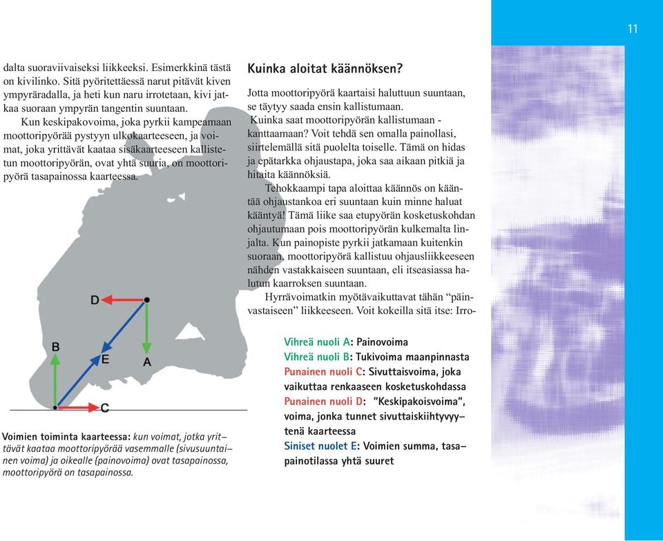 Kun keskipakovoima, joka pyrkii kampeamaan moottoripyörää pystyyn ulkokaarteeseen, ja voimat, joka yrittävät kaataa sisäkaarteeseen kallistetun moottoripyörän, ovat yhtä suuria, on moottoripyörä