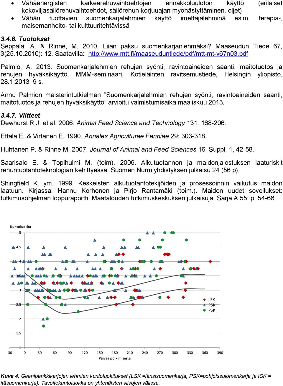 Saatavilla: http://www.mtt.fi/maaseuduntiede/pdf/mtt-mt-v67n03.pdf Palmio, A. 2013. Suomenkarjalehmien rehujen syönti, ravintoaineiden saanti, maitotuotos ja rehujen hyväksikäyttö.