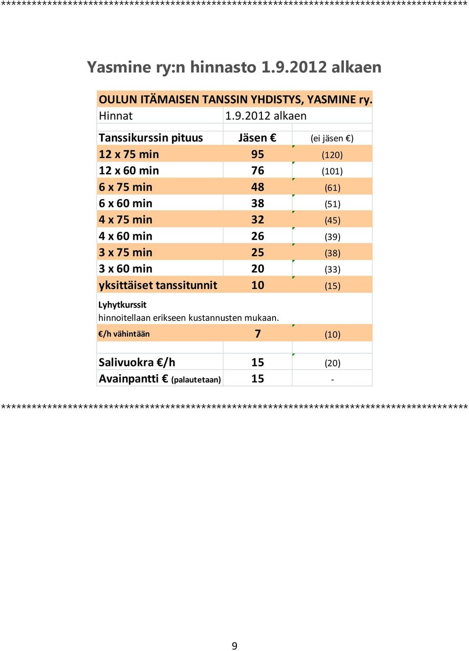 2012 alkaen Tanssikurssin pituus Jäsen (ei jäsen ) 12 x 75 min 95 (120) 12 x 60 min 76 (101) 6 x 75 min 48 (61) 6 x 60 min 38 (51) 4 x 75 min 32 (45) 4 x 60 min