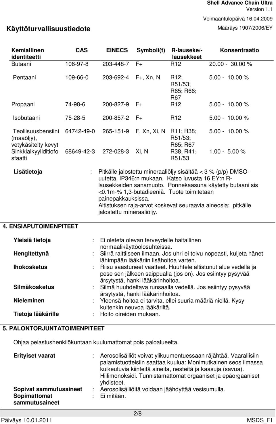 00 % Isobutaani 75-28-5 200-857-2 F+ R12 5.00-10.