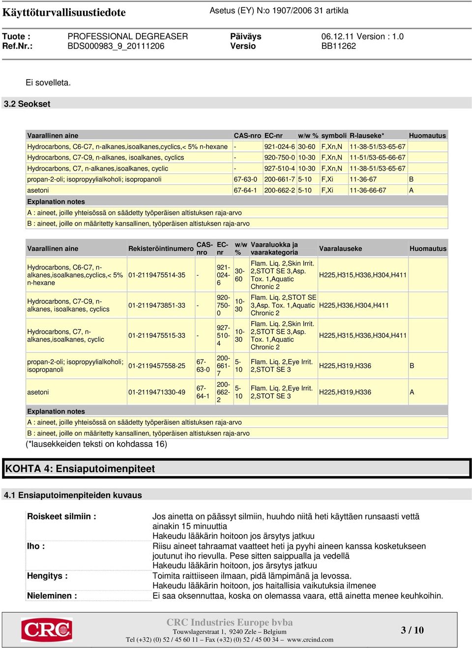 C7-C9, n-alkanes, isoalkanes, cyclics - 920-750-0 10-30 F,Xn,N 11-51/53-65-66-67 Hydrocarbons, C7, n-alkanes,isoalkanes, cyclic - 927-510-4 10-30 F,Xn,N 11-38-51/53-65-67 propan-2-oli;