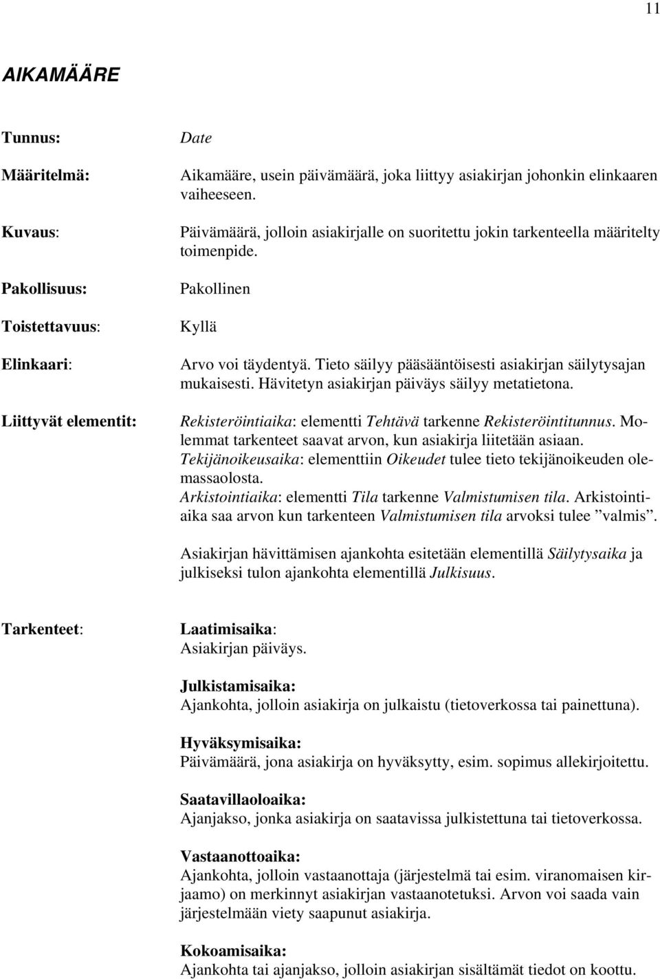 Hävitetyn asiakirjan päiväys säilyy metatietona. Rekisteröintiaika: elementti Tehtävä tarkenne Rekisteröintitunnus. Molemmat tarkenteet saavat arvon, kun asiakirja liitetään asiaan.