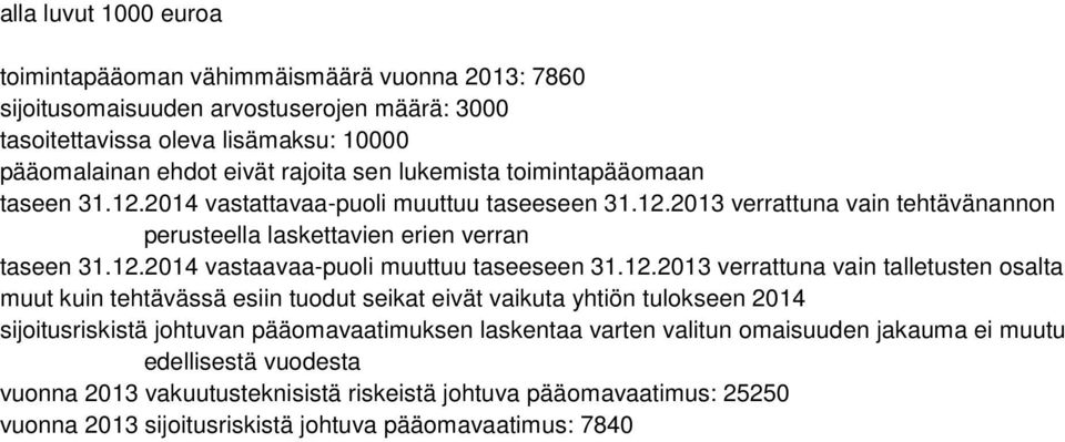 12.2013 verrattuna vain talletusten osalta muut kuin tehtävässä esiin tuodut seikat eivät vaikuta yhtiön tulokseen 2014 sijoitusriskistä johtuvan pääomavaatimuksen laskentaa varten valitun