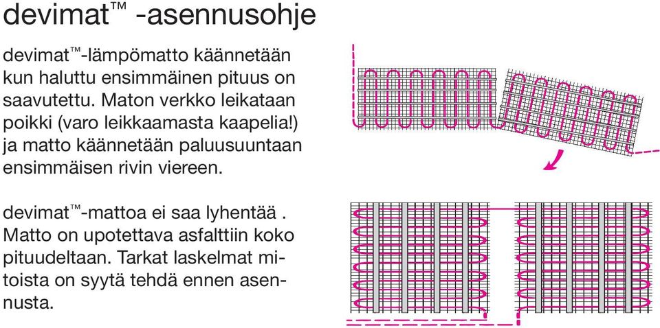 ) ja matto käännetään paluusuuntaan ensimmäisen rivin viereen.