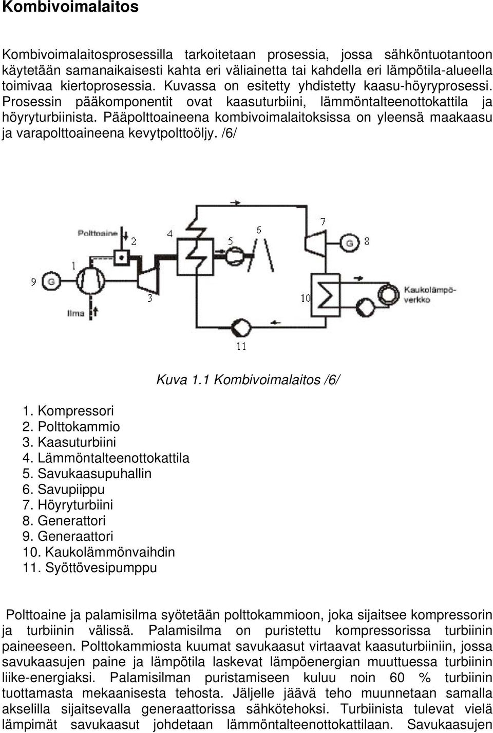 Pääpolttoaineena kombivoimalaitoksissa on yleensä maakaasu ja varapolttoaineena kevytpolttoöljy. /6/ 1. Kompressori 2. Polttokammio 3. Kaasuturbiini 4. Lämmöntalteenottokattila 5. Savukaasupuhallin 6.