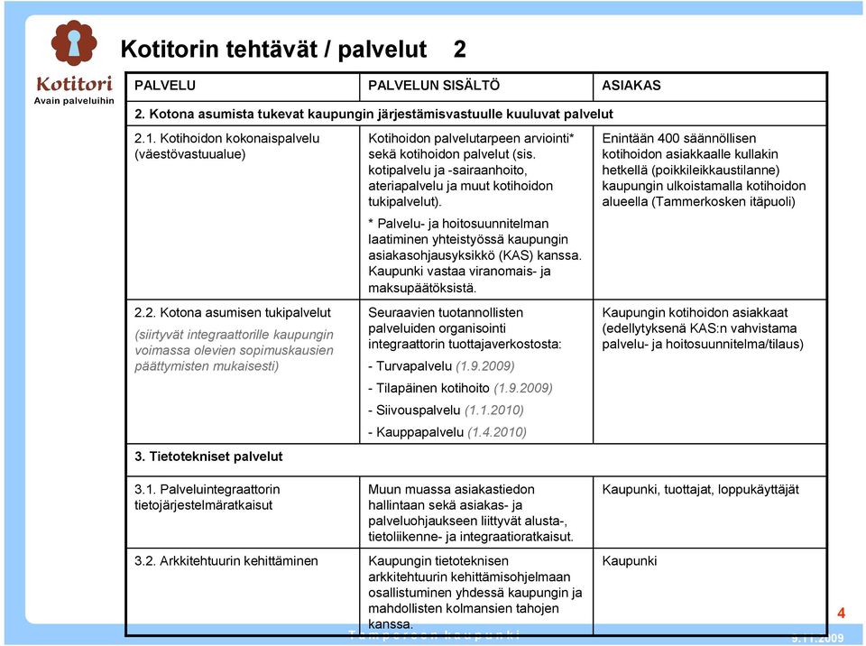 * Palvelu ja hoitosuunnitelman laatiminen yhteistyössä kaupungin asiakasohjausyksikkö (KAS) kanssa. Kaupunki vastaa viranomais ja maksupäätöksistä.