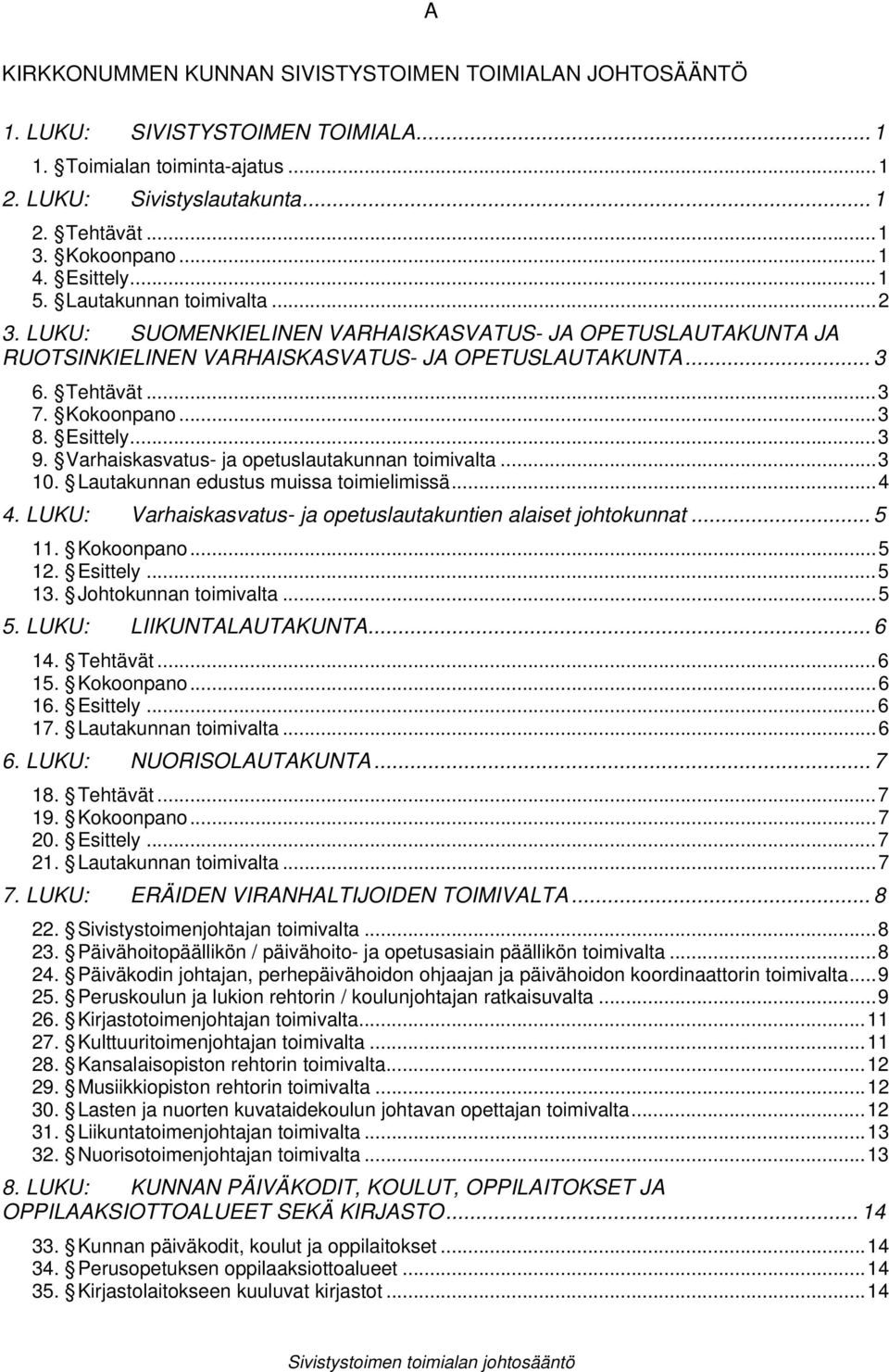 Esittely...3 9. Varhaiskasvatus- ja opetuslautakunnan toimivalta...3 10. Lautakunnan edustus muissa toimielimissä...4 4. LUKU: Varhaiskasvatus- ja opetuslautakuntien alaiset johtokunnat... 5 11.