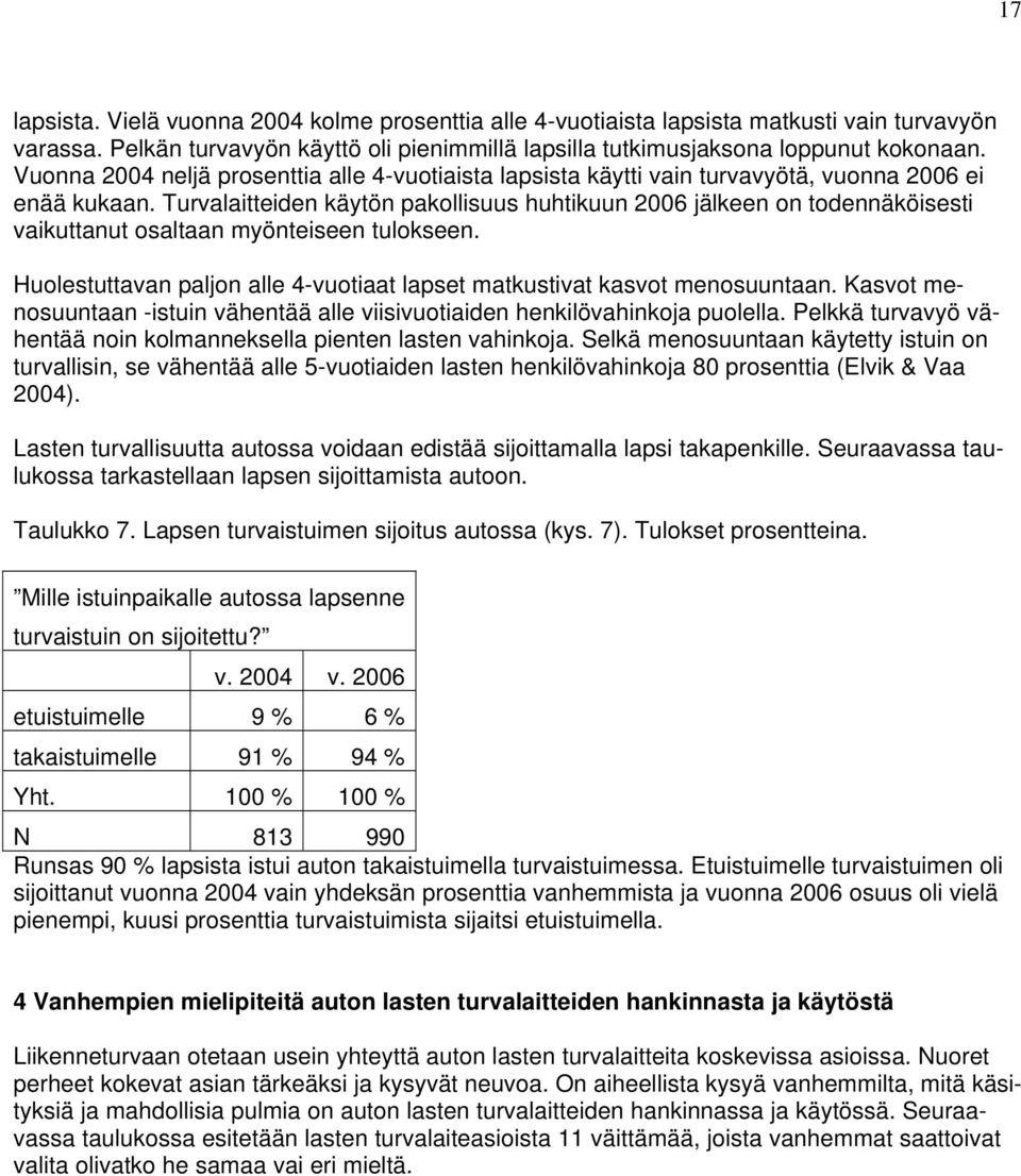 Turvalaitteiden käytön pakollisuus huhtikuun 006 jälkeen on todennäköisesti vaikuttanut osaltaan myönteiseen tulokseen. Huolestuttavan paljon alle 4-vuotiaat lapset matkustivat kasvot menosuuntaan.