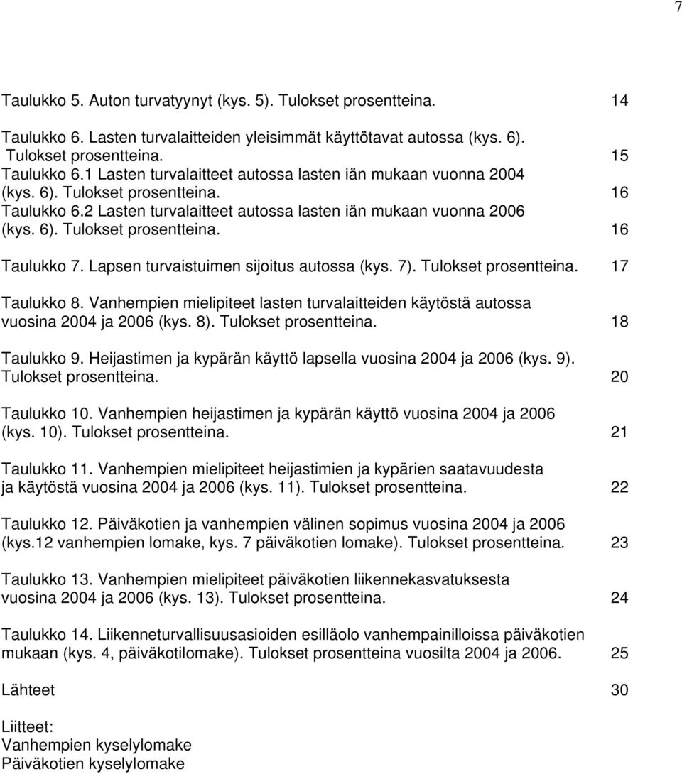 Lapsen turvaistuimen sijoitus autossa (kys. 7). Tulokset prosentteina. 17 Taulukko 8. Vanhempien mielipiteet lasten turvalaitteiden käytöstä autossa vuosina 004 ja 006 (kys. 8). Tulokset prosentteina. 18 Taulukko 9.