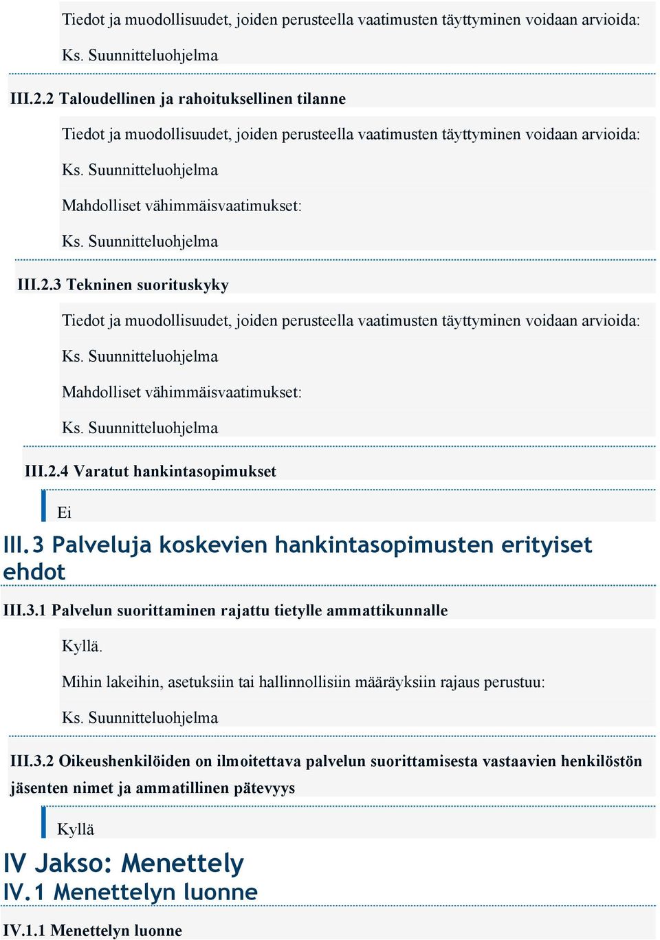 2.4 Varatut hankintasopimukset Ei III.3 Palveluja koskevien hankintasopimusten erityiset ehdot III.3.1 Palvelun suorittaminen rajattu tietylle ammattikunnalle Kyllä.