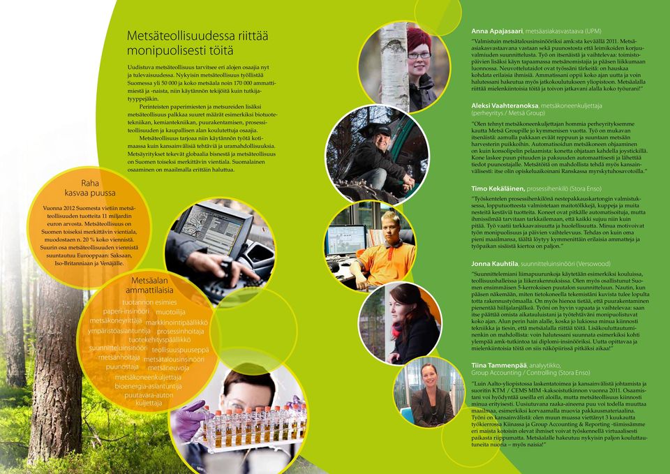 Metsäteollisuudessa riittää monipuolisesti töitä Uudistuva metsäteollisuus tarvitsee eri alojen osaajia nyt ja tulevaisuudessa.