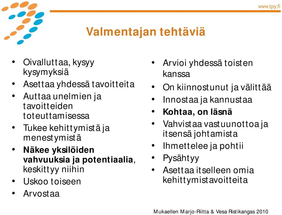 yhdessä toisten kanssa On kiinnostunut ja välittää Innostaa ja kannustaa Kohtaa, on läsnä Vahvistaa vastuunottoa ja itsensä
